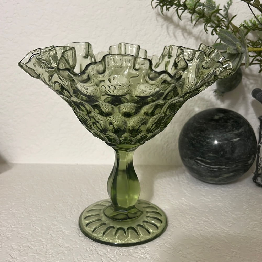 Vintage 1960s Colonial Green Ruffled Thumbprint Glass Pedestal Candy Bowl